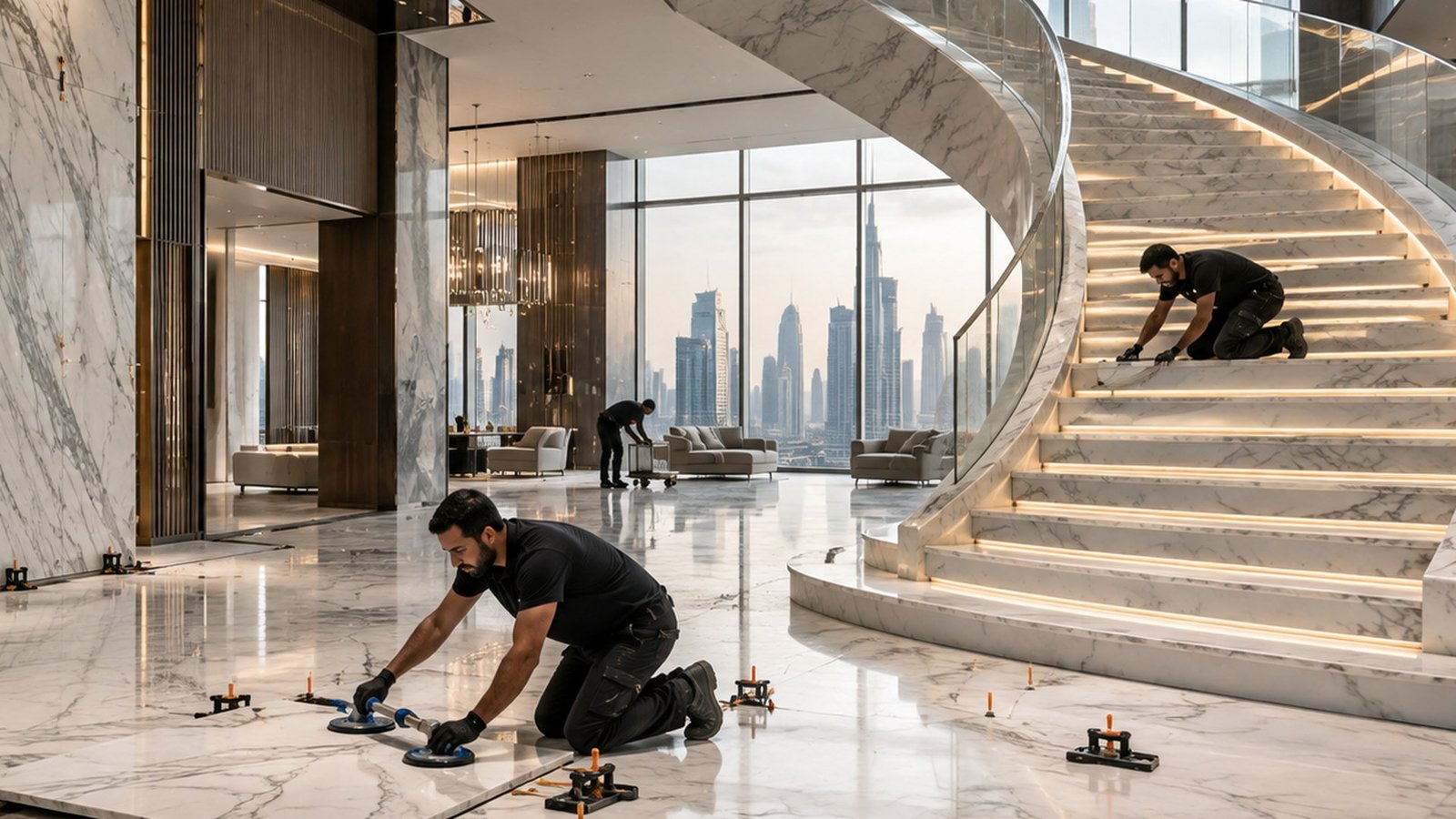 Marble installation and natural stone finishing representing UAE Marble Fixing project work