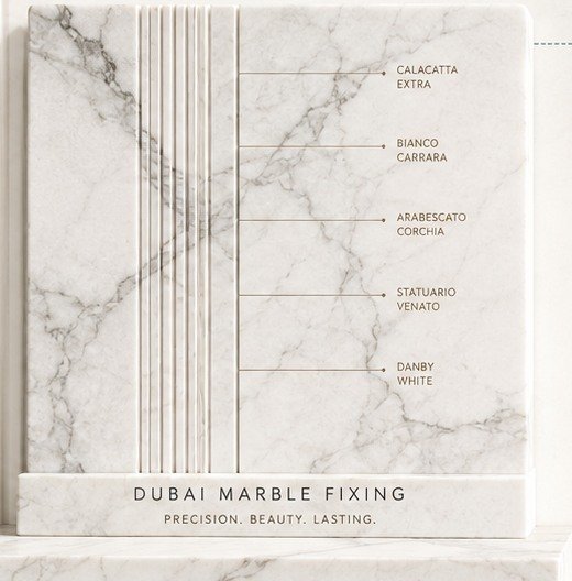 Luxury marble sample board displaying different white marble styles
