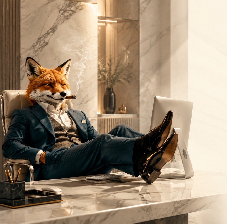 Stylish Dubai Marble Fixing fox character seated in a premium marble office