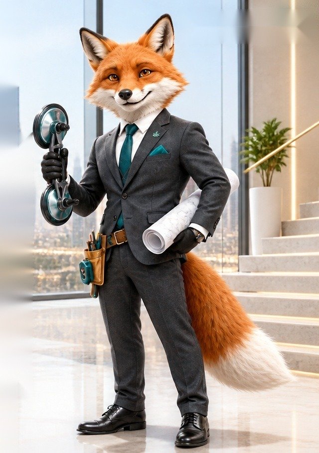 Professional fox guide in a charcoal suit holding a marble suction lifter and project drawings inside a premium marble interior