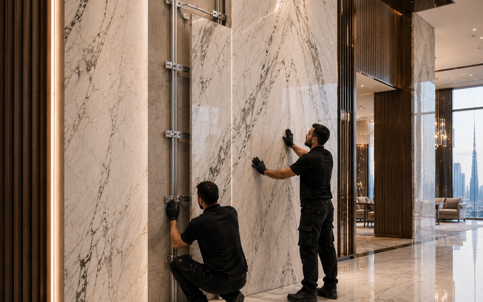 Temporary representative high-rise marble installation visual for the Dubai Production City project until original photography is uploaded