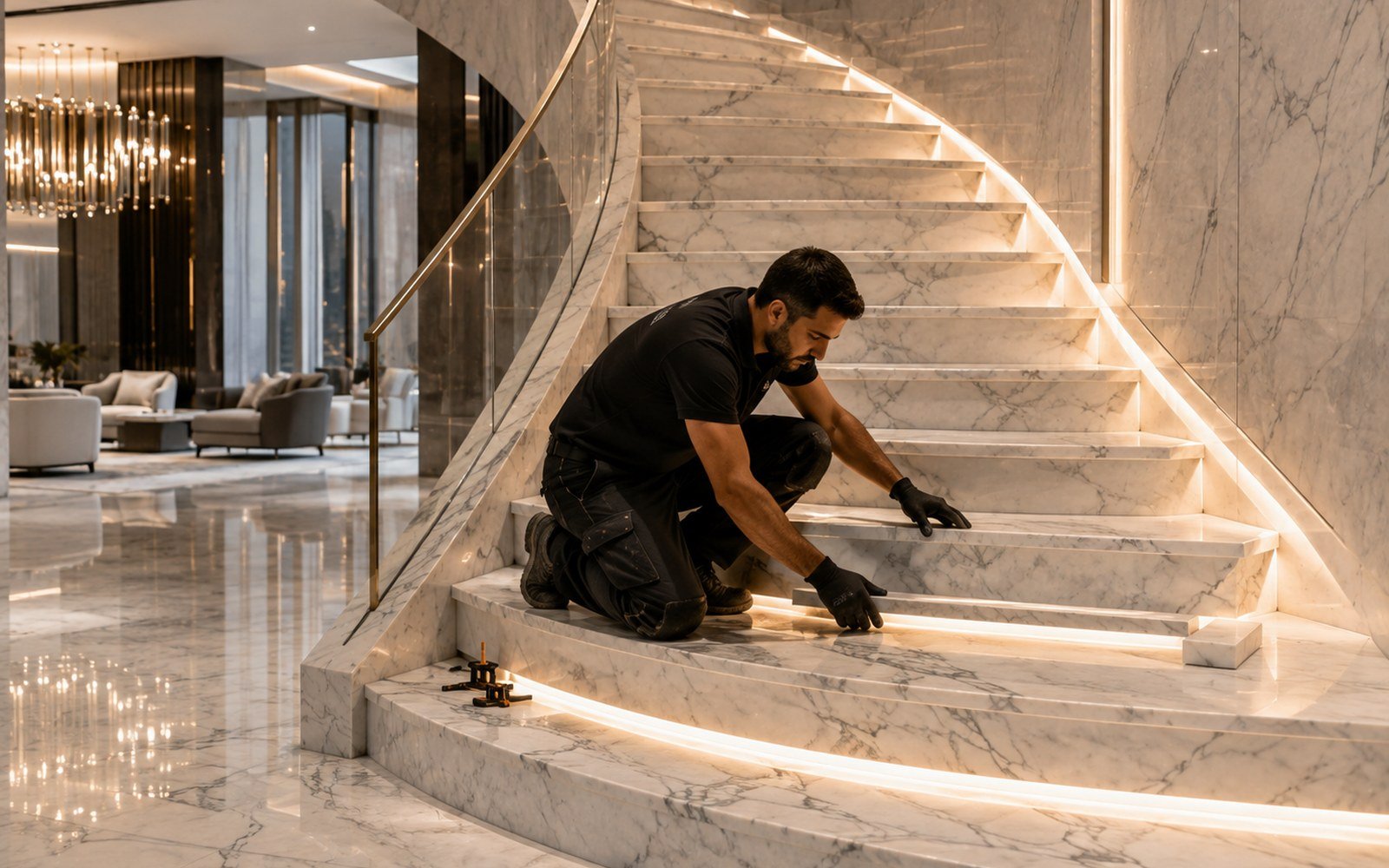Temporary representative marble and stone interior for the Jebel Ali labor accommodation CHC case study