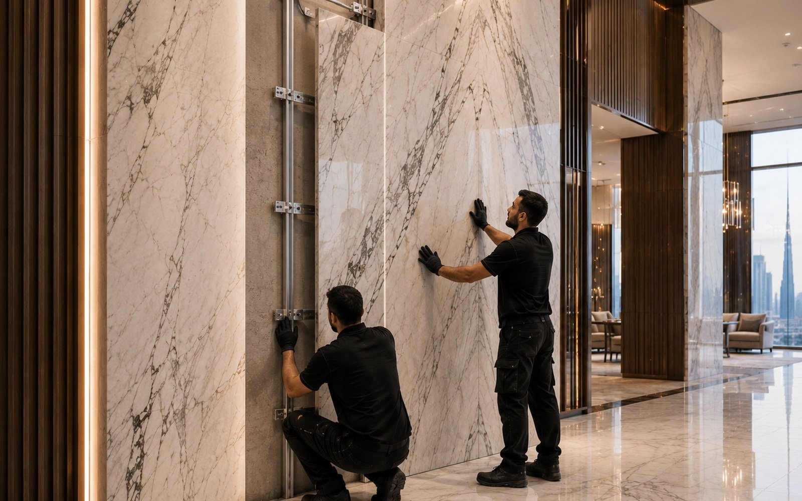 Representative polished stone interior within a modern technical building