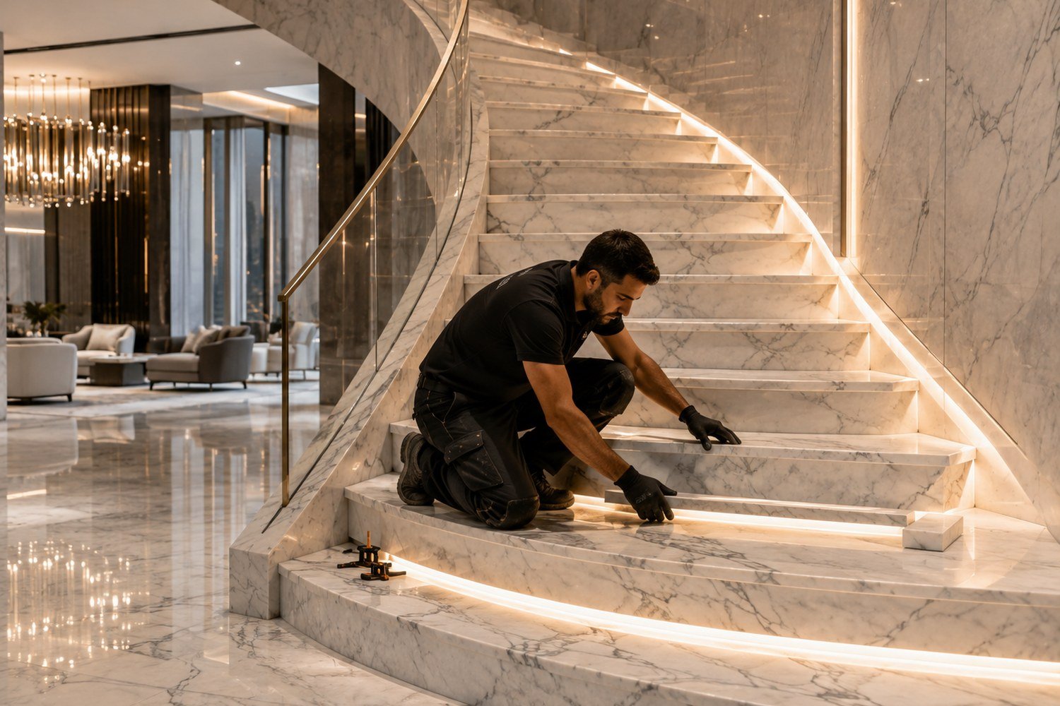 Representative marble staircase installation detail