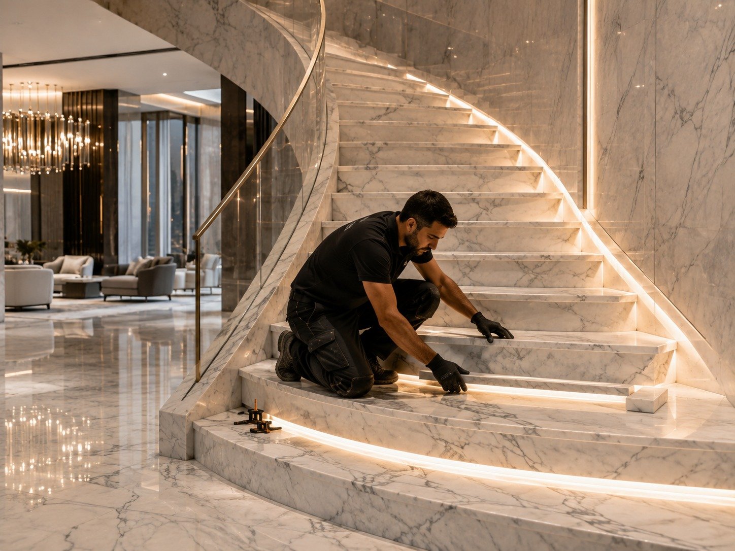 Marble staircase installation and finishing in a luxury Dubai villa