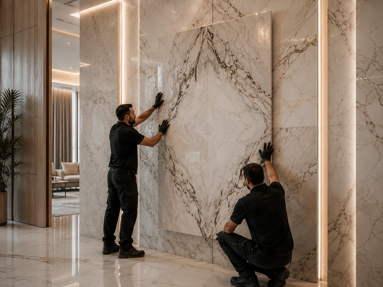 Natural stone wall cladding prepared as a feature wall in a Dubai interior