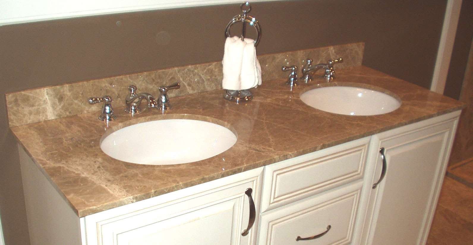 Completed double vanity stone countertop with basin cut-outs