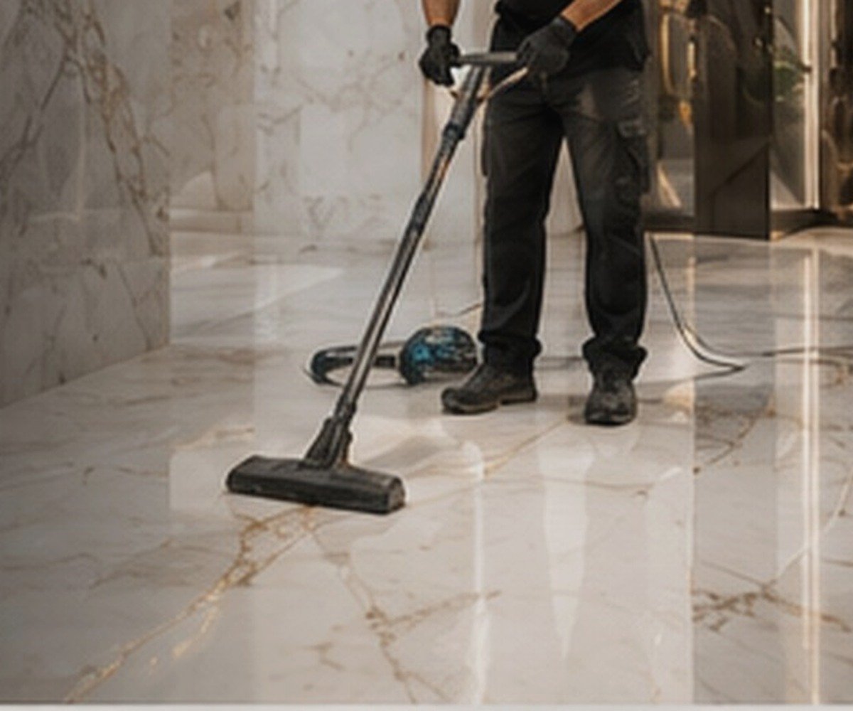 Technician and cleaning equipment working over a marble floor during deep cleaning