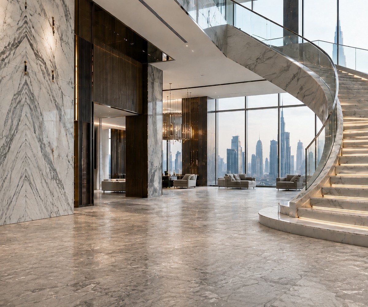 Clean natural marble floor in a luxury Dubai lobby after maintenance cleaning