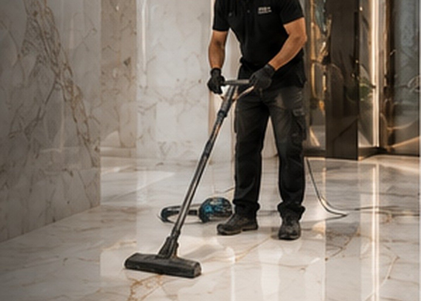 Technician deep-cleaning a natural marble floor in a premium Dubai interior