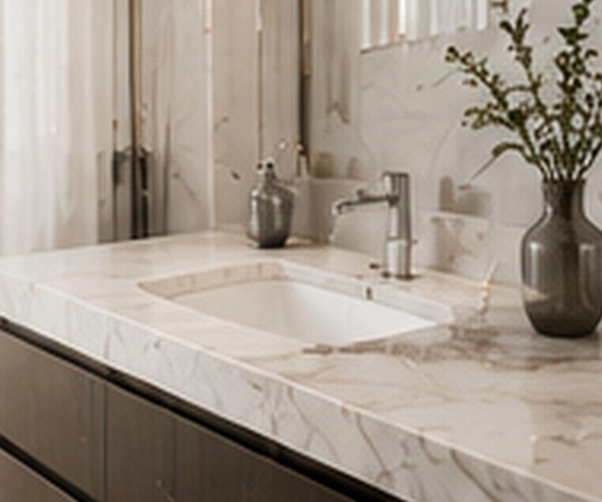Close view of a natural marble countertop and basin area used to plan fabrication dimensions and edge details