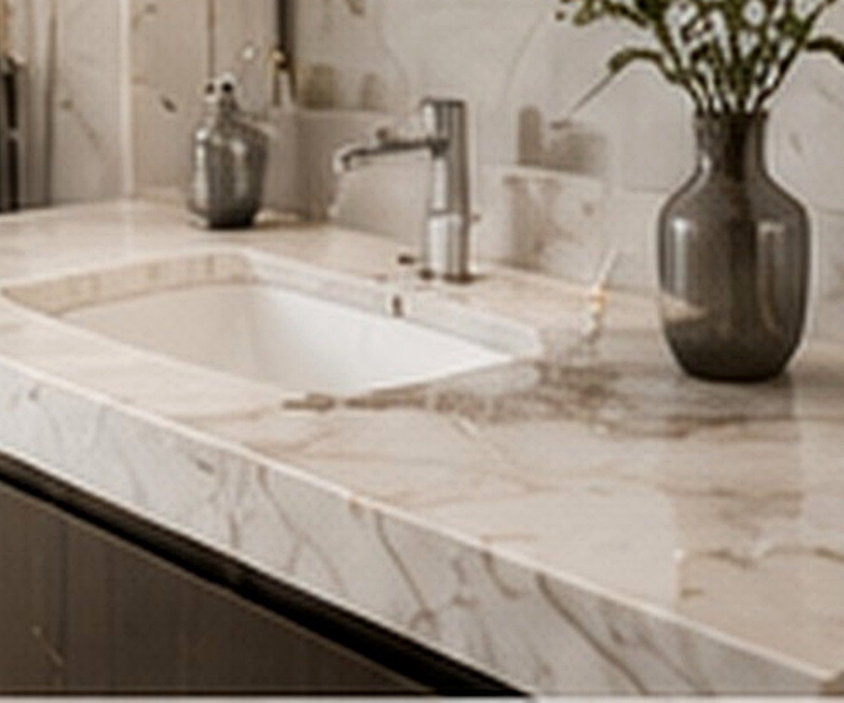 Finished luxury stone work surface showing polished slab edge and premium interior detailing