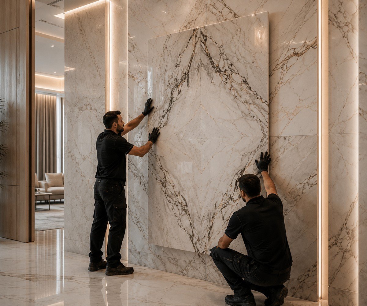 Professional installers working with large marble wall panels during installation