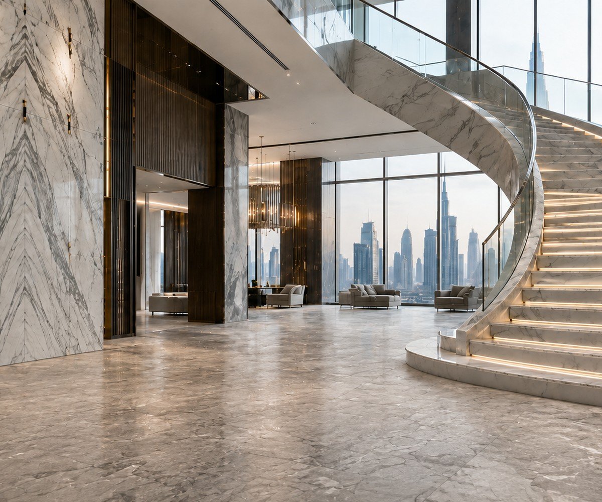 Finished luxury marble floor and staircase with aligned large-format stone surfaces