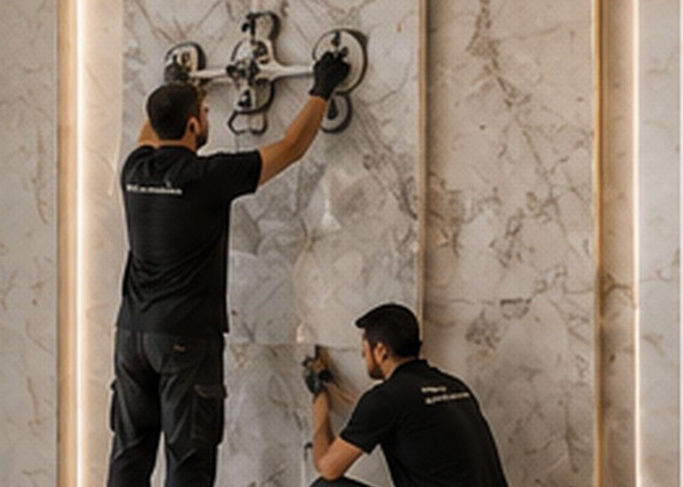 Marble installers positioning a large-format natural marble wall panel with professional suction lifting equipment in Dubai