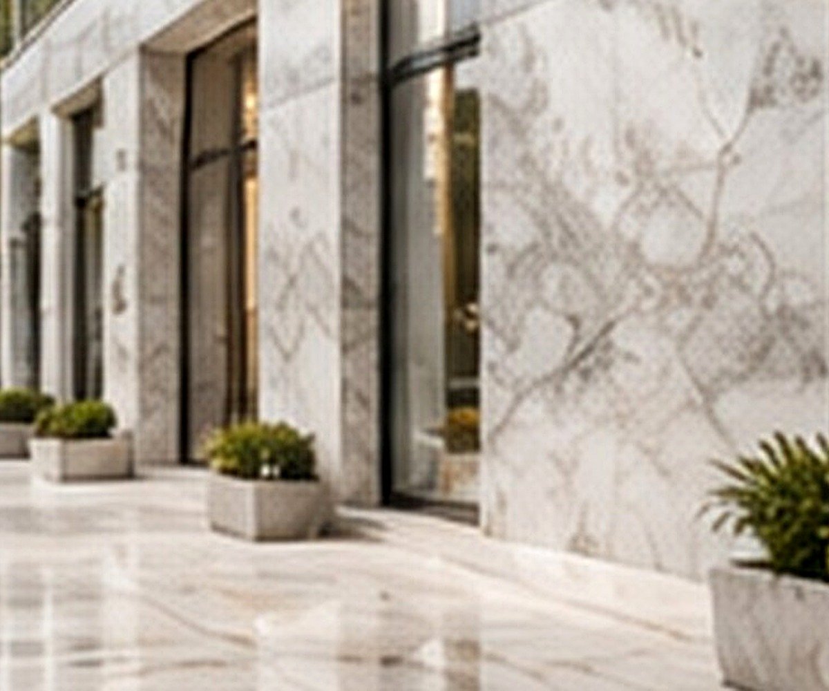 Exterior stone paving and façade interfaces showing thresholds, planters and outdoor finished levels