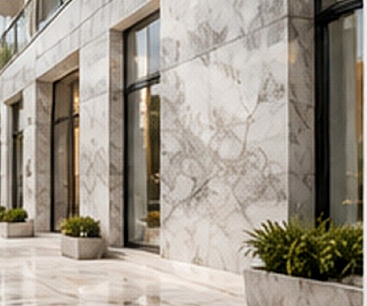Completed exterior natural stone façade and paving with coordinated architectural joints and landscape edges
