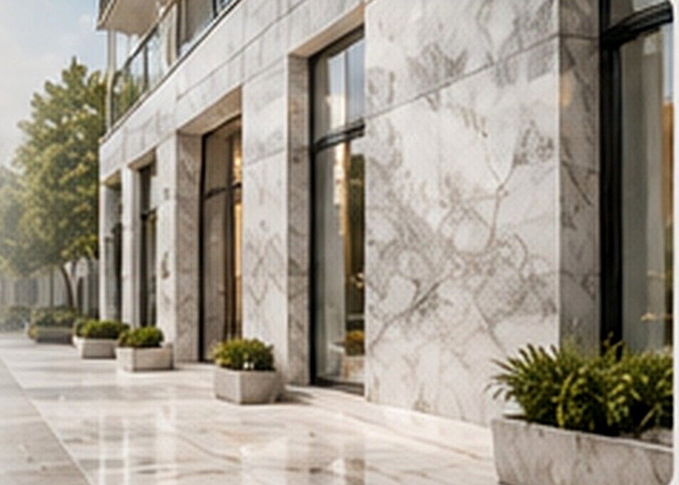 Exterior natural stone paving and marble-clad architectural façade in a premium Dubai property
