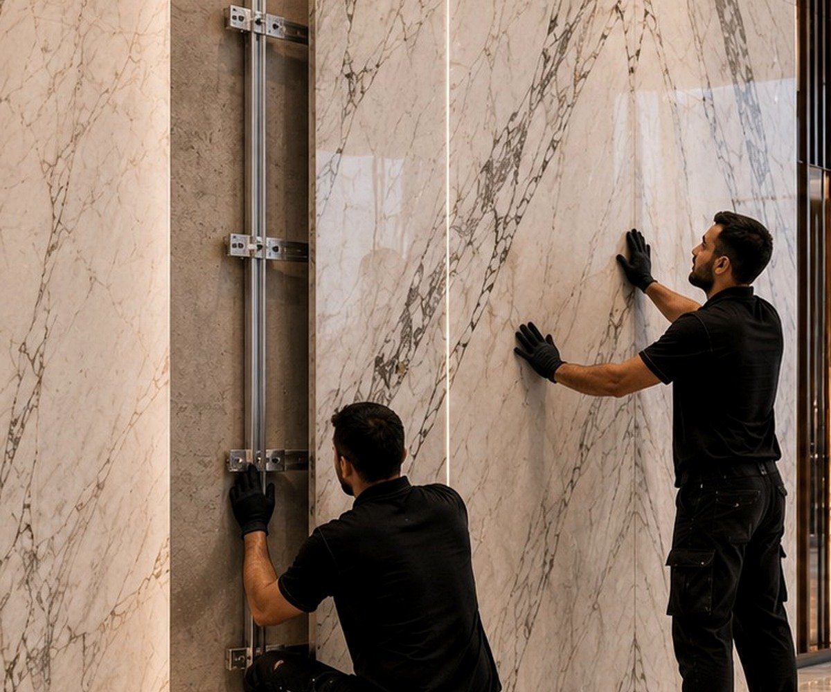 Close view of mechanical marble fixing rails, brackets and large stone panels being installed on a vertical wall