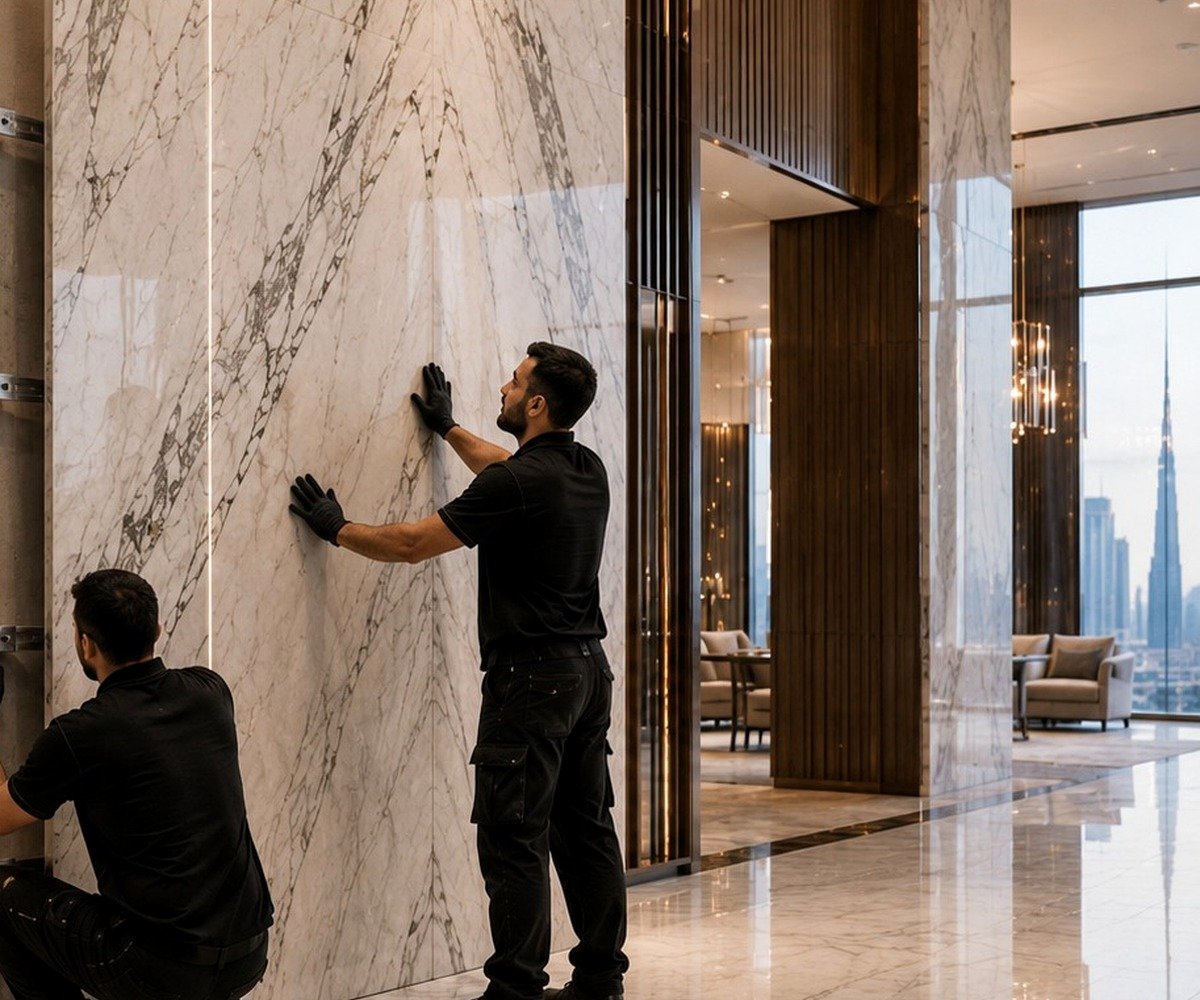 Completed large-format marble wall panels installed with concealed mechanical support in a luxury Dubai interior