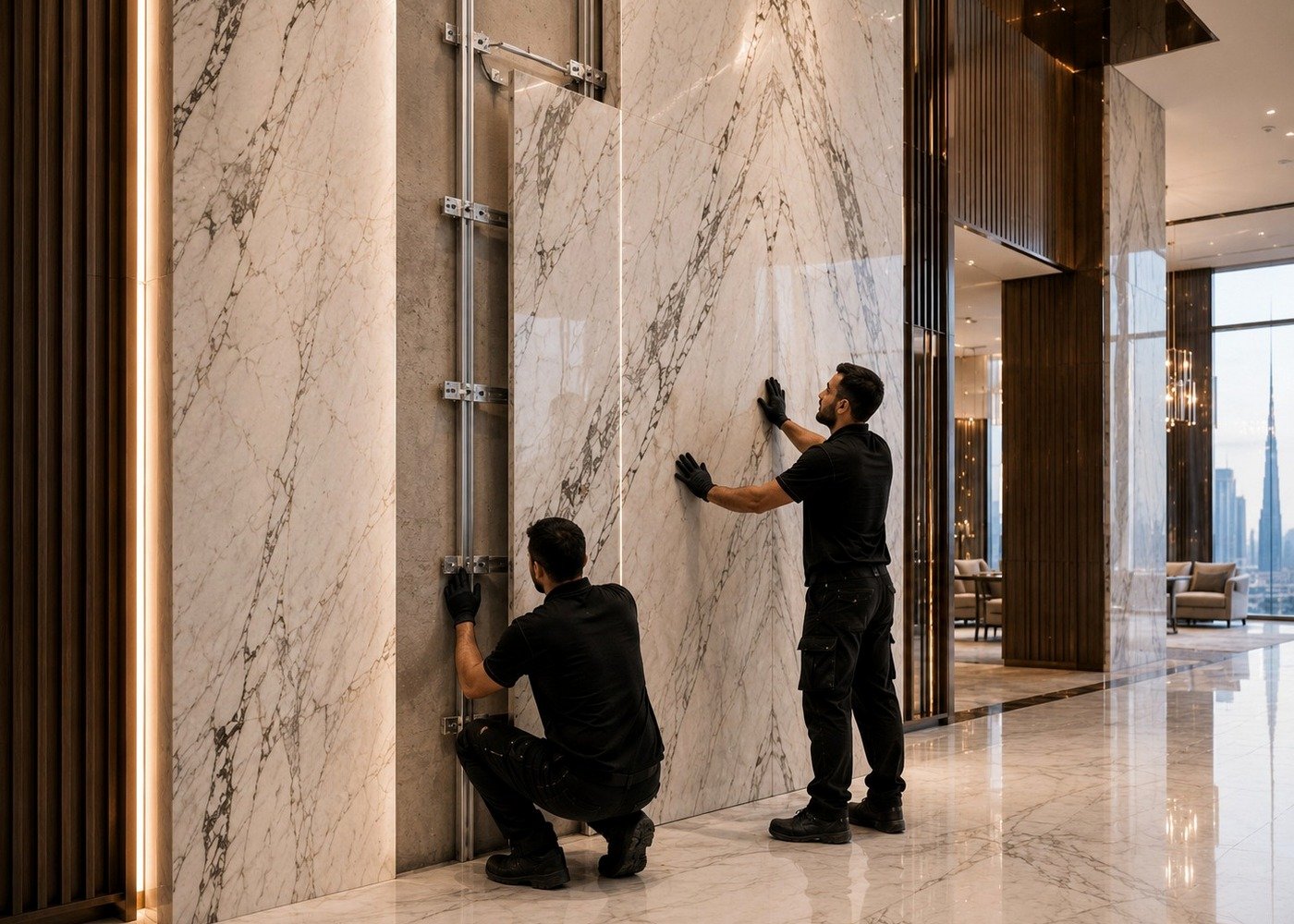 Installers positioning large marble wall panels onto visible metal rails and mechanical stone brackets in a Dubai interior