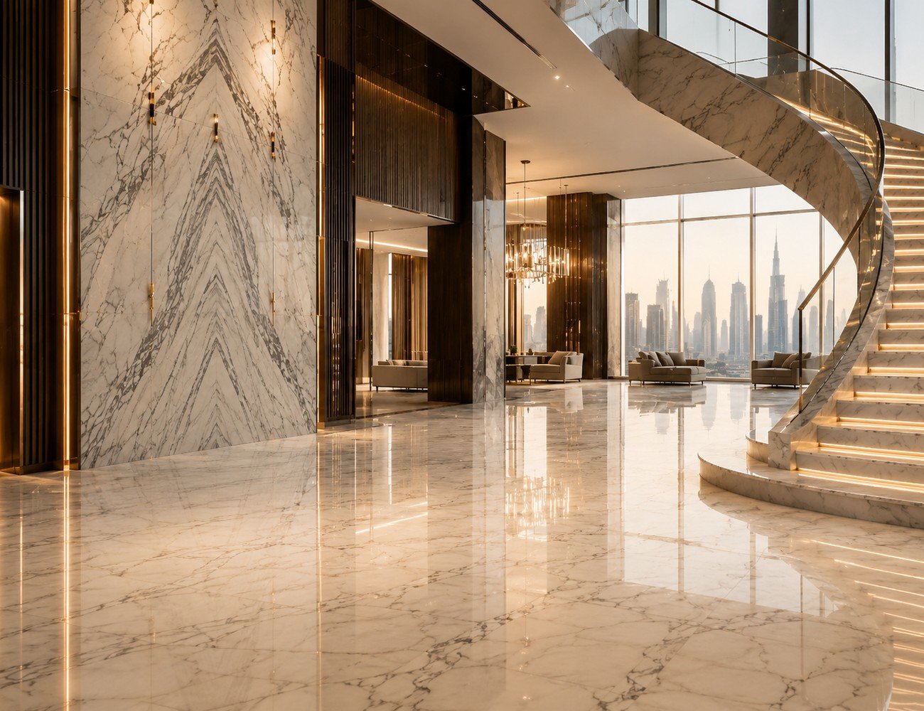 Luxury marble lobby showing a clean reflective finished floor under architectural lighting