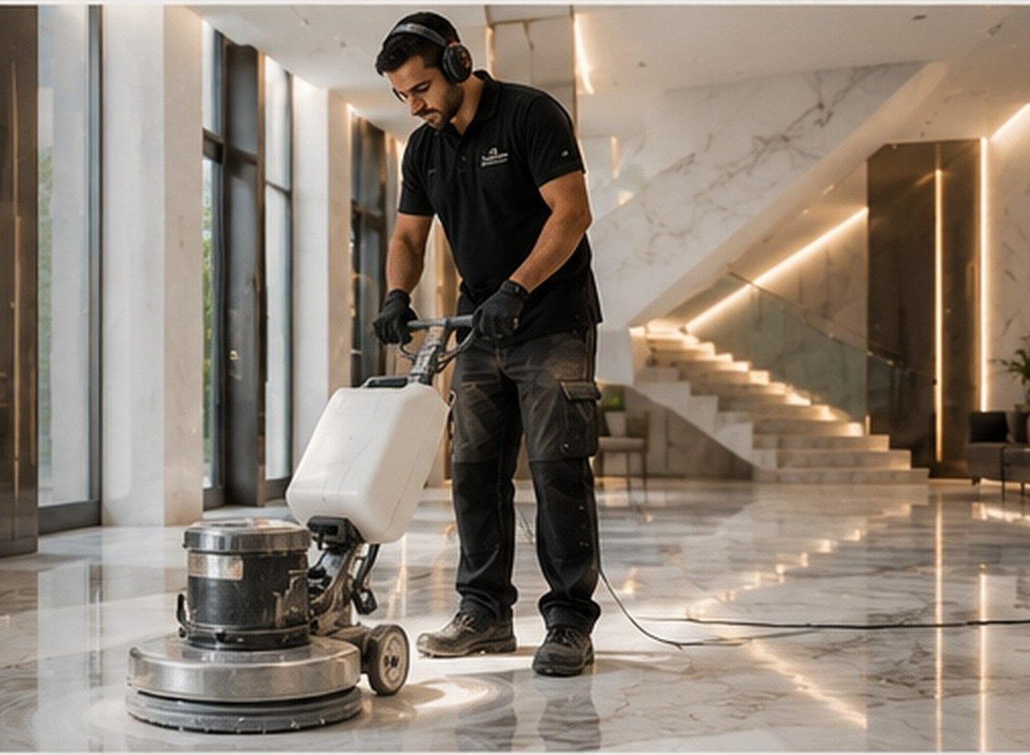 Technician polishing a natural marble floor with a professional floor machine in a Dubai interior