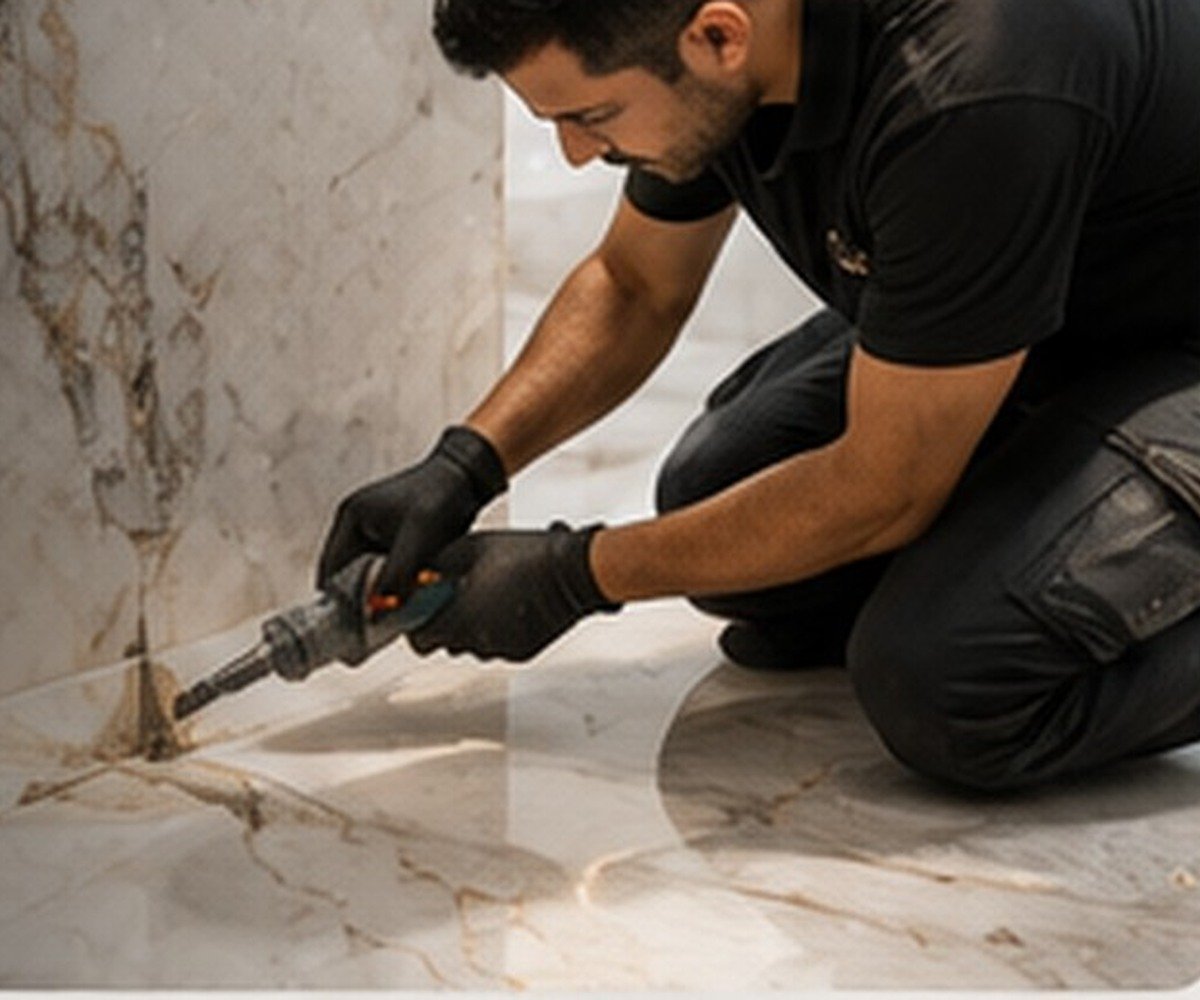 Close view of a marble repair zone being prepared by a technician