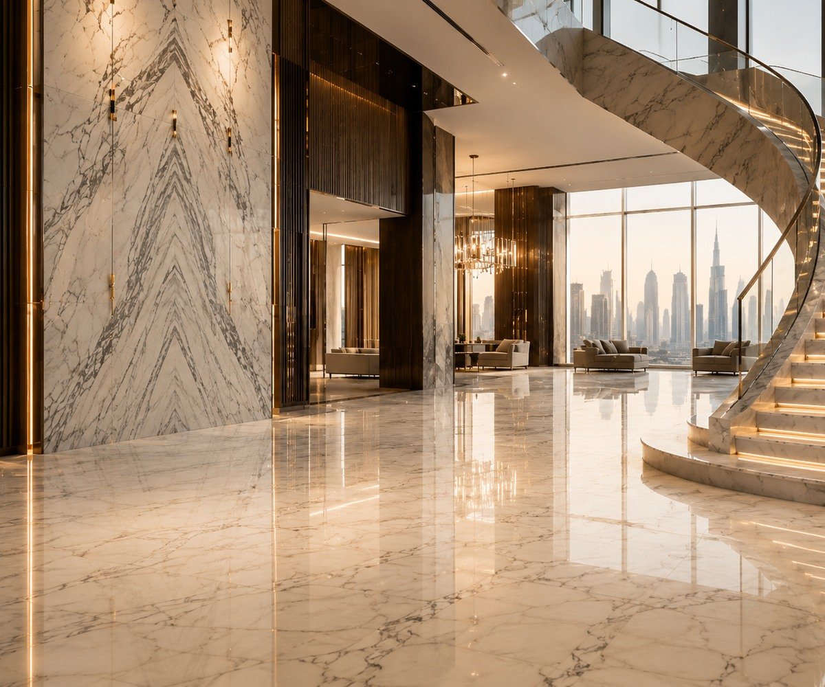Refinished natural marble floor in a premium Dubai interior after corrective stone work