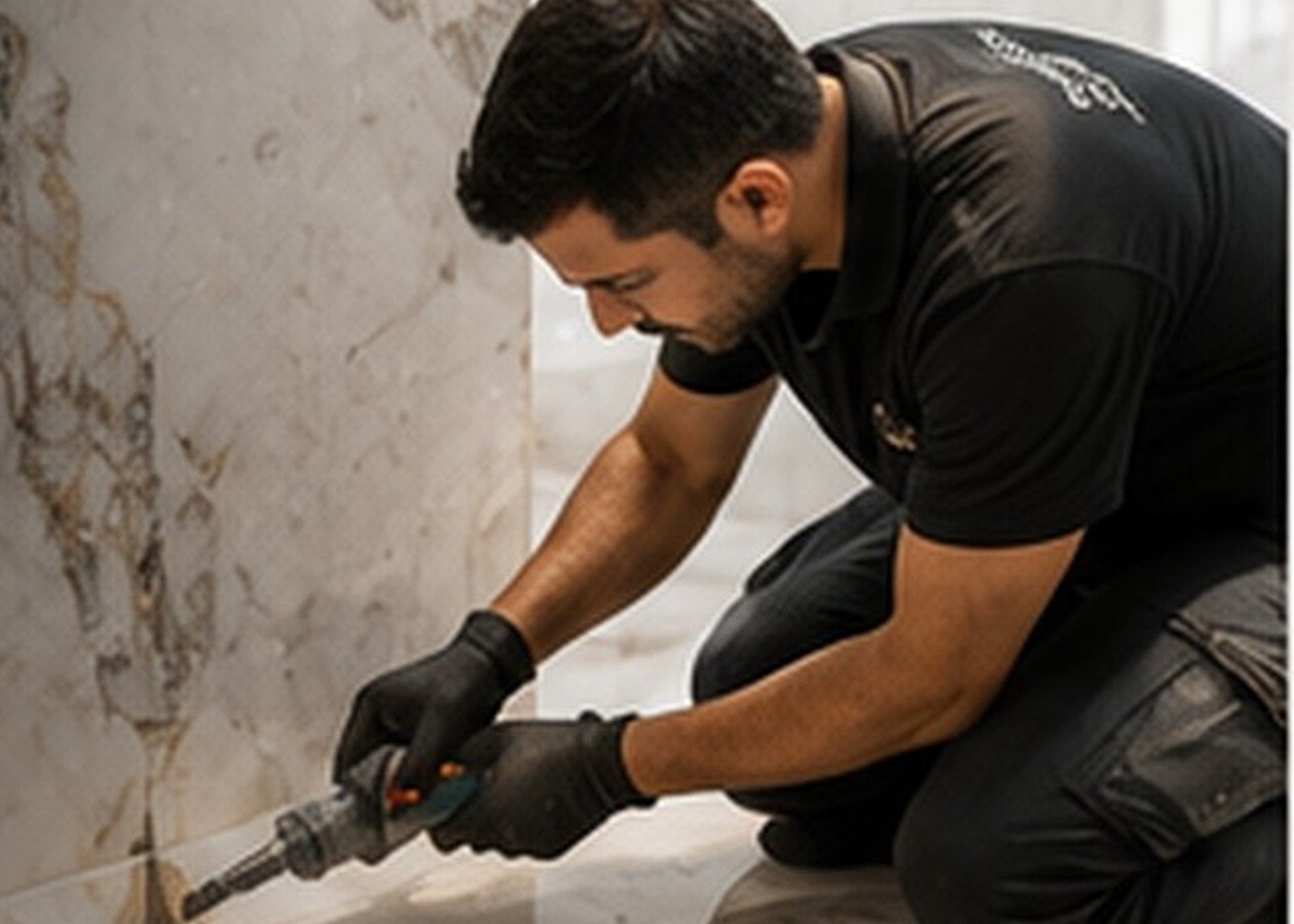 Marble technician repairing a damaged natural stone joint and edge in a Dubai interior