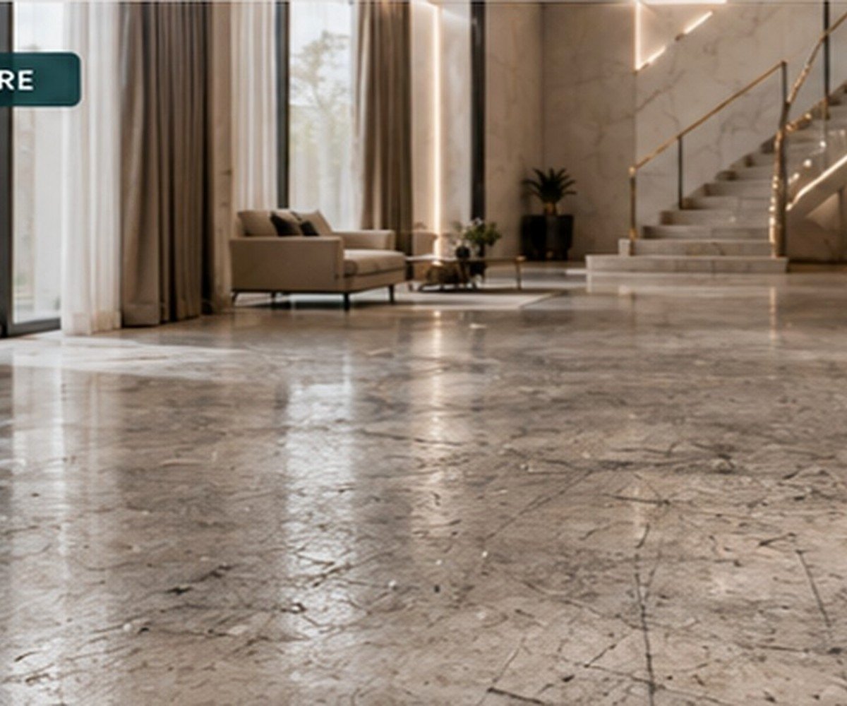 Worn marble floor showing scratches and uneven sheen before surface refinishing