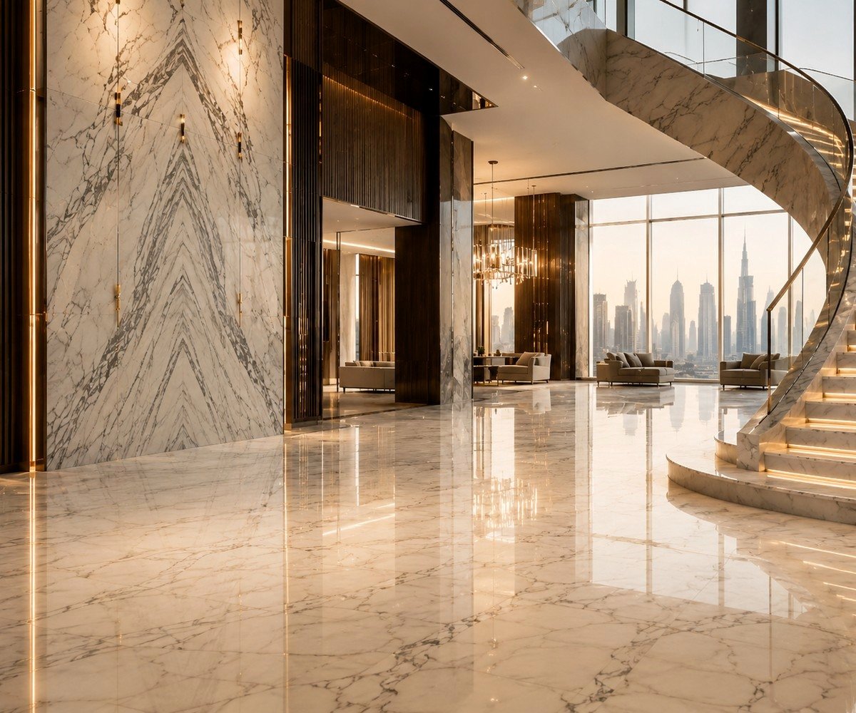 Finished luxury marble interior showing a uniform polished floor and refined natural stone wall surfaces
