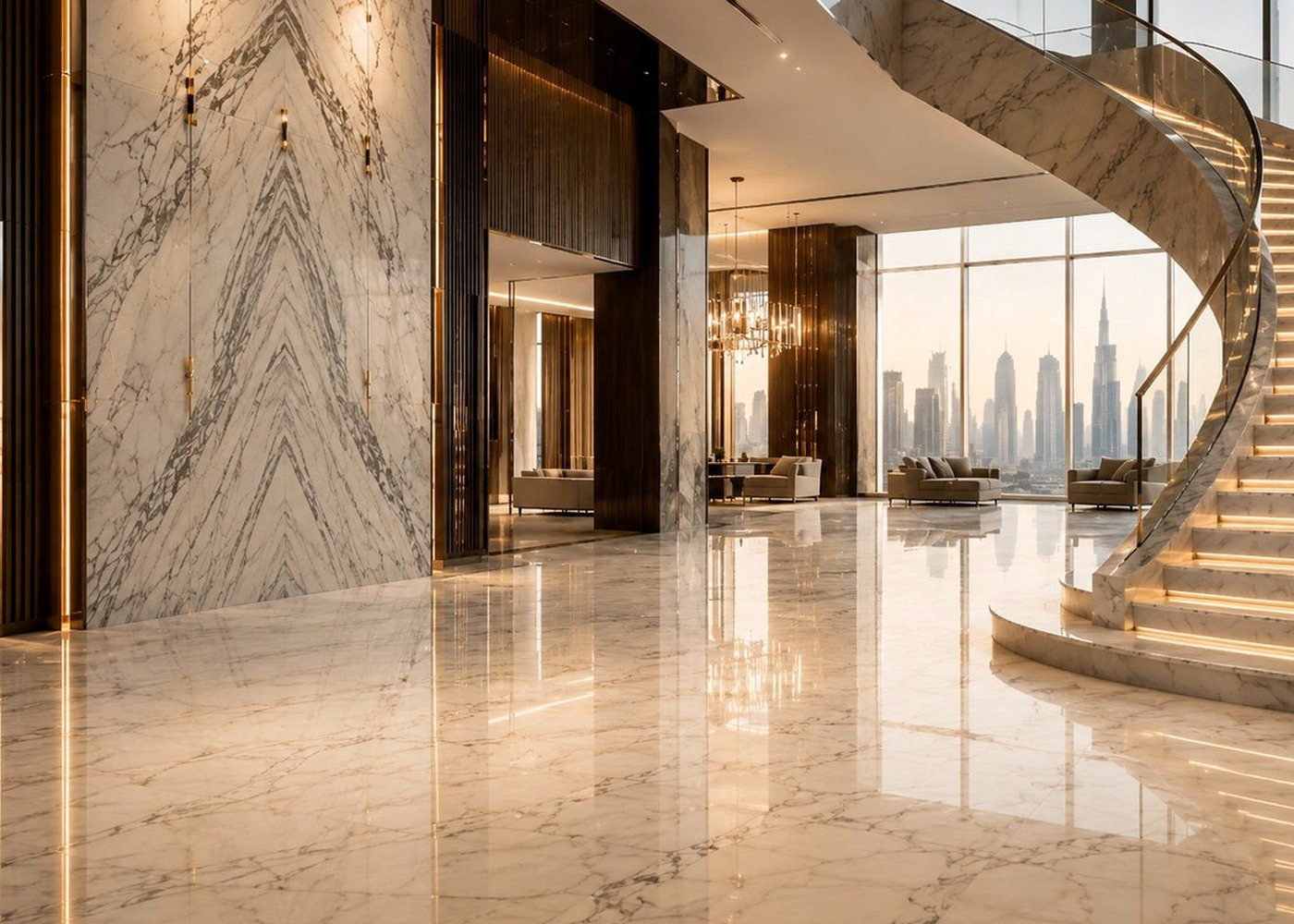 Luxury Dubai marble interior showing polished natural stone floors and large wall surfaces with controlled architectural finish