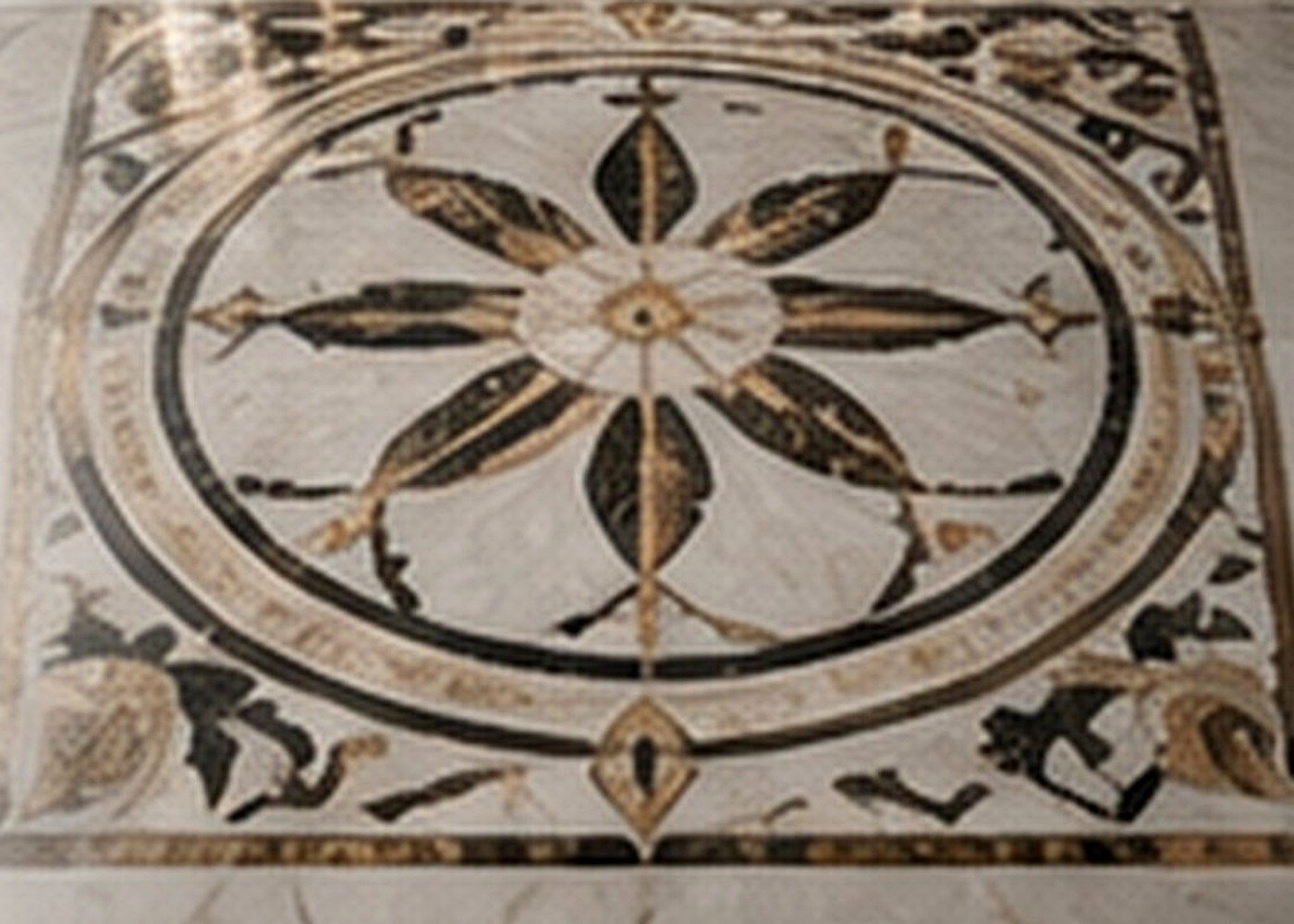 Decorative natural stone waterjet floor medallion with multiple marble colours and precision-cut inlay pieces