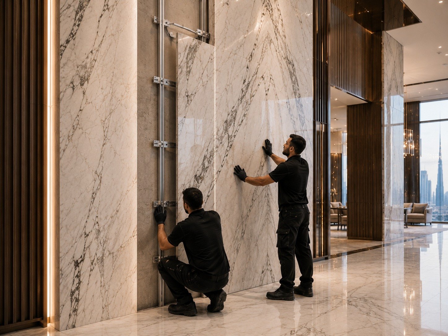 Large-format marble wall installation in Dubai used to explain bonded, dry and mechanical stone fixing systems