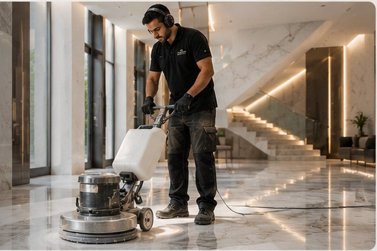 Professional marble floor polishing representing polishing cost factors in Dubai