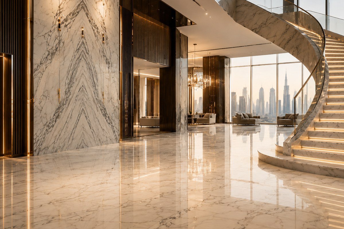 Finished natural marble surface representing long-term marble care and maintenance