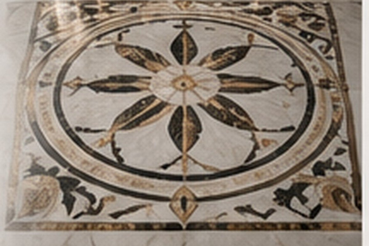 Decorative natural stone waterjet medallion and precision inlay pattern