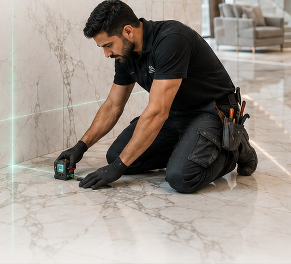 Marble installer using a laser measuring device to inspect alignment and levels inside a premium Dubai marble interior