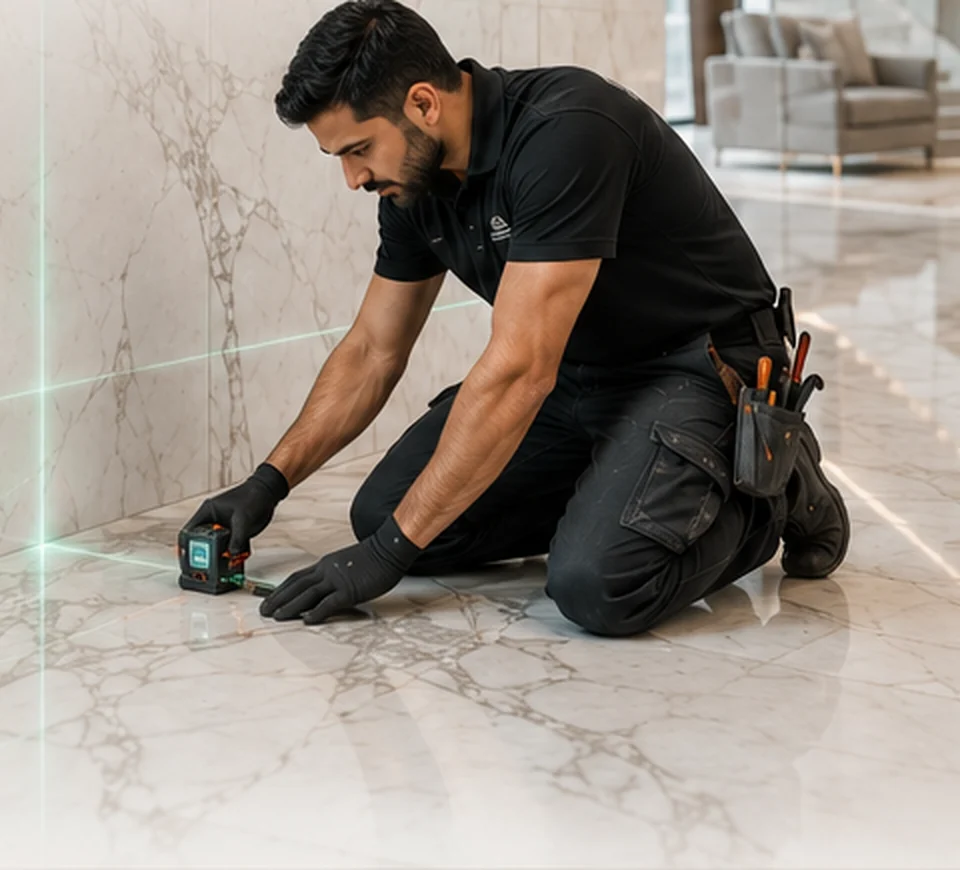 Stone installer checking marble floor measurements and alignment during a Dubai site inspection