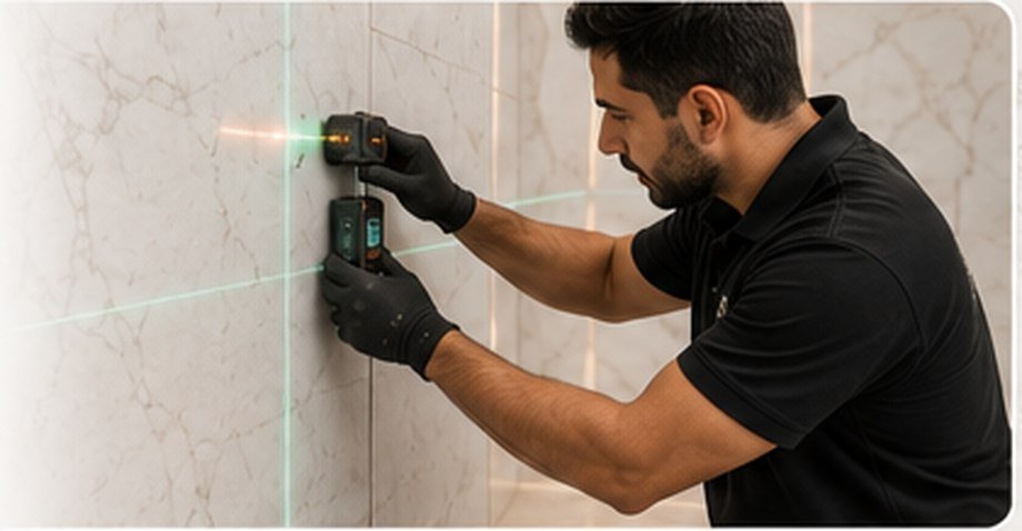 Technician checking marble wall alignment and level with professional laser measurement equipment