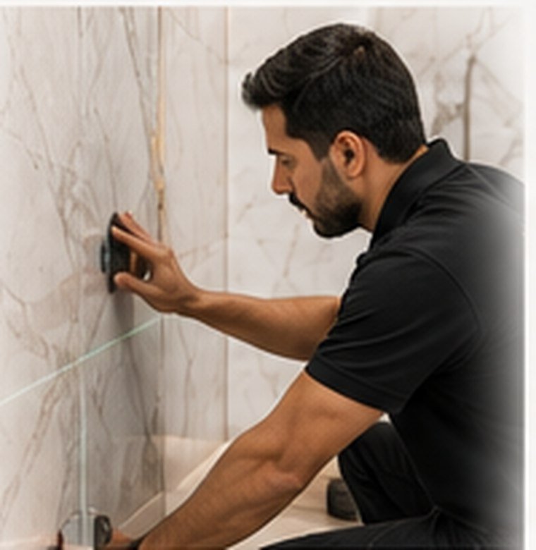 Marble installer inspecting wall joints, edges and alignment before handover